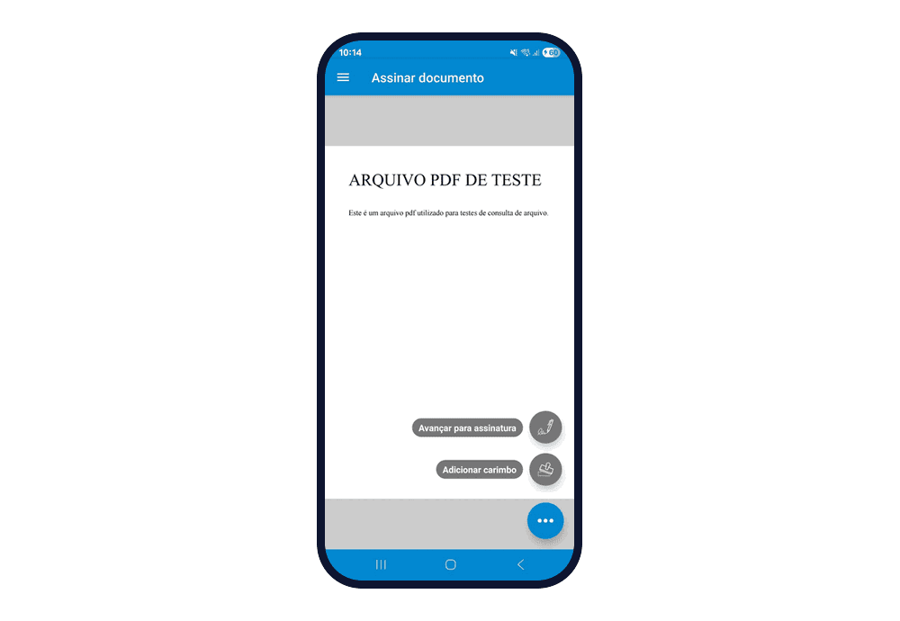 Tela Assinar documento mostrando um PDF aberto, chamado "Arquivo PDF de teste", com os botões Avançar para assinatura e Adicionar carimbo.