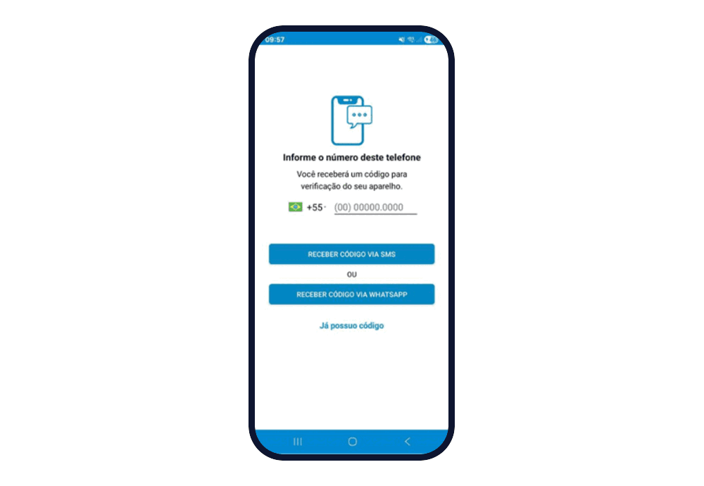 Tela "Informe o número deste telefone", com o campo do número de celular, os botões Receber código via SMS e Receber código via WhatsApp e o link Já possuo código.