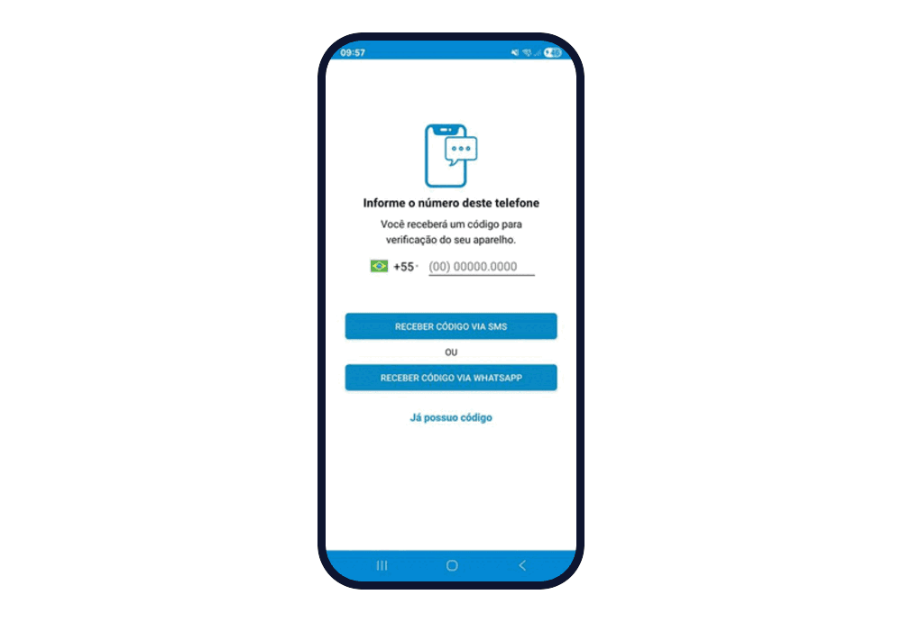 Tela "Informe o número deste telefone" com os botões Receber código via SMS e Receber código via WhatsApp, separados por "ou", e o link Já possuo código.