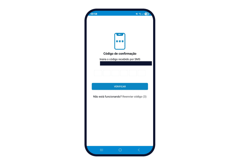 Tela "Código de confirmação", com seis caixas para digitar o código recebido por SMS (o número de telefone foi coberto), o botão Verificar e o link Reenviar código.