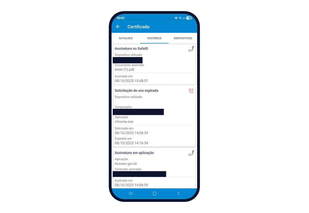 Aba Histórico de um certificado, com os registros "Assinatura no SafeID", "Solicitação de uso expirada" e "Assinatura em aplicação", cada um com data e hora (dados de aparelho e computador cobertos).