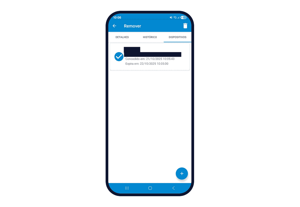 Tela Remover, aba Dispositivos, com um dispositivo selecionado (nome e telefone cobertos), as datas "Concedido em" e "Expira em" e o ícone de lixeira no canto superior direito.