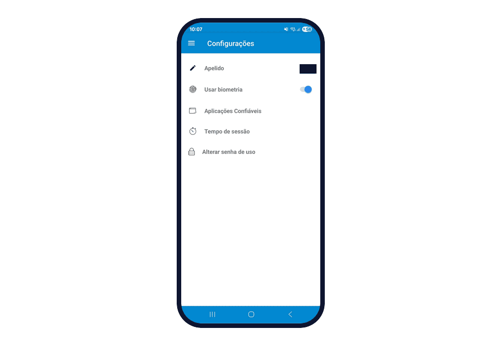 Tela Configurações com as opções Apelido (valor coberto), Usar biometria (ligada), Aplicações Confiáveis, Tempo de sessão e Alterar senha de uso.