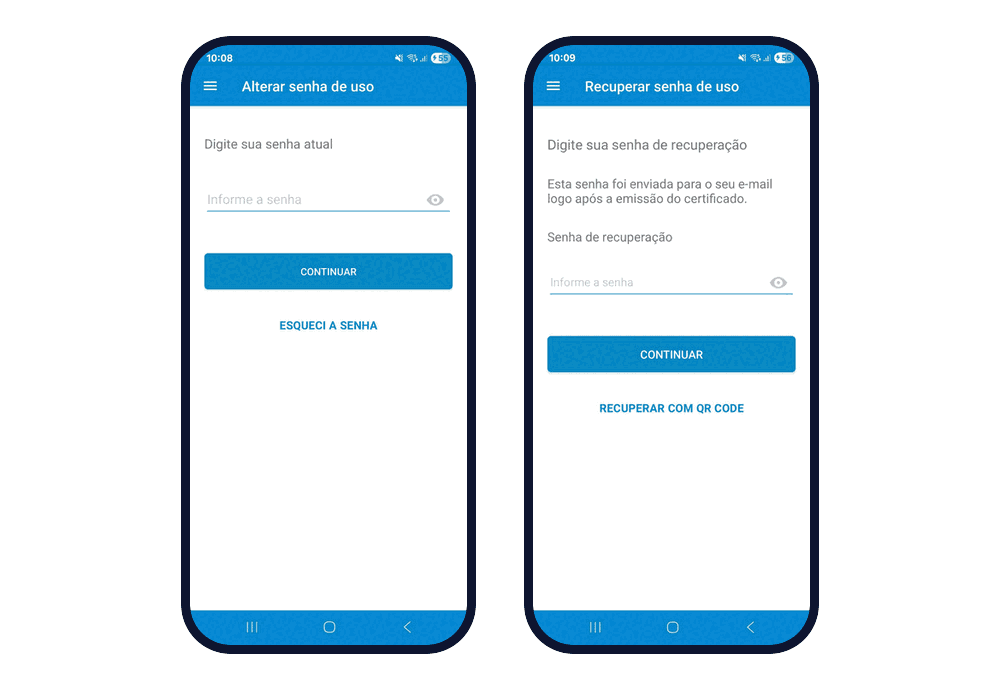 Duas telas lado a lado. À esquerda, "Alterar senha de uso" com o link Esqueci a senha. À direita, "Recuperar senha de uso", com o campo da senha de recuperação enviada por e-mail, o botão Continuar e a opção Recuperar com QR Code.
