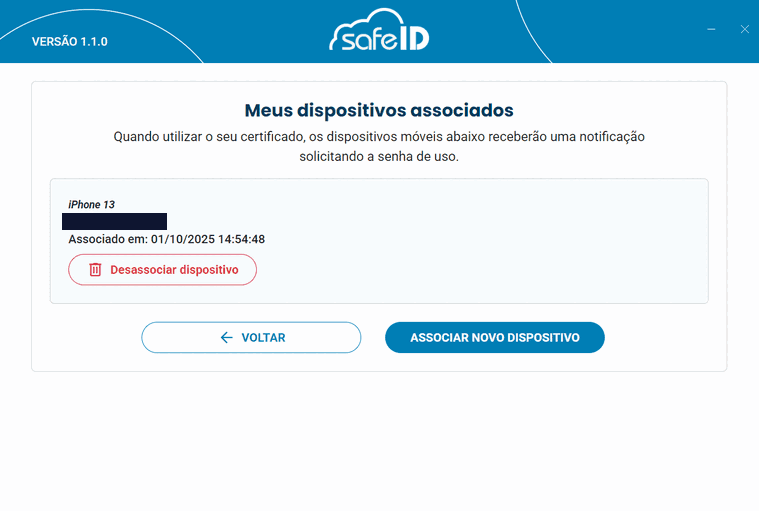 Janela "Meus dispositivos associados" do SafeID Desktop, com um dispositivo móvel associado (apelido coberto), a data de associação, o botão Desassociar dispositivo e, embaixo, os botões Voltar e Associar novo dispositivo.