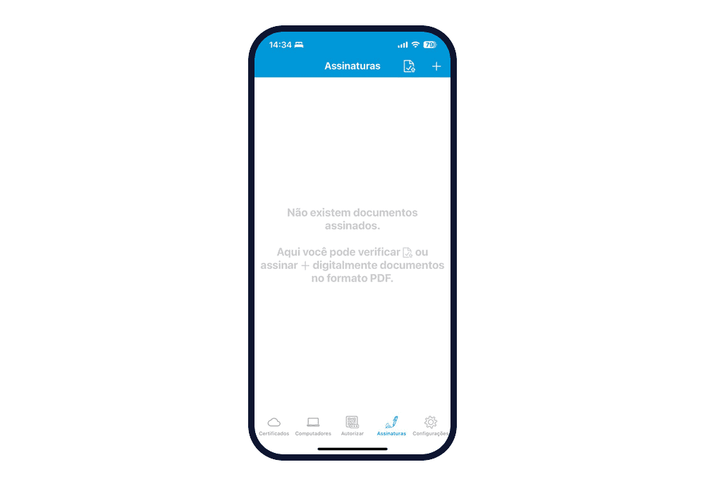 Menu Assinaturas, com a mensagem "Não existem documentos assinados. Aqui você pode verificar ou assinar digitalmente documentos no formato PDF.", e os ícones de verificar e de + no canto superior direito.