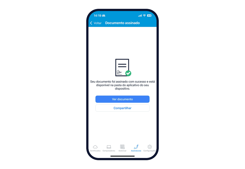 Tela Documento assinado, com um ícone de documento com marca verde, a mensagem "Seu documento foi assinado com sucesso e está disponível na pasta do aplicativo do seu dispositivo." e os botões Ver documento e Compartilhar.