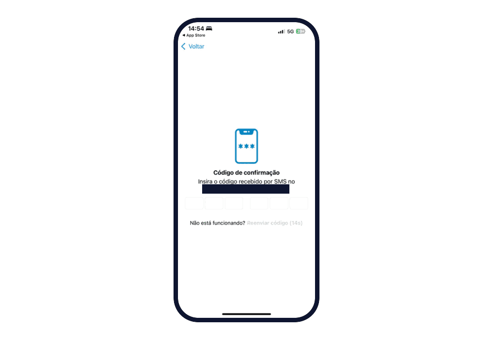Tela "Código de confirmação", com seis caixas para digitar o código recebido por SMS (o número do celular está tarjado) e o texto Não está funcionando? Reenviar código.