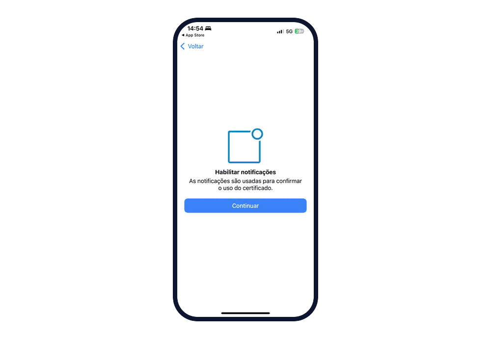 Tela "Habilitar notificações", que explica que as notificações são usadas para confirmar o uso do certificado, com o botão Continuar.
