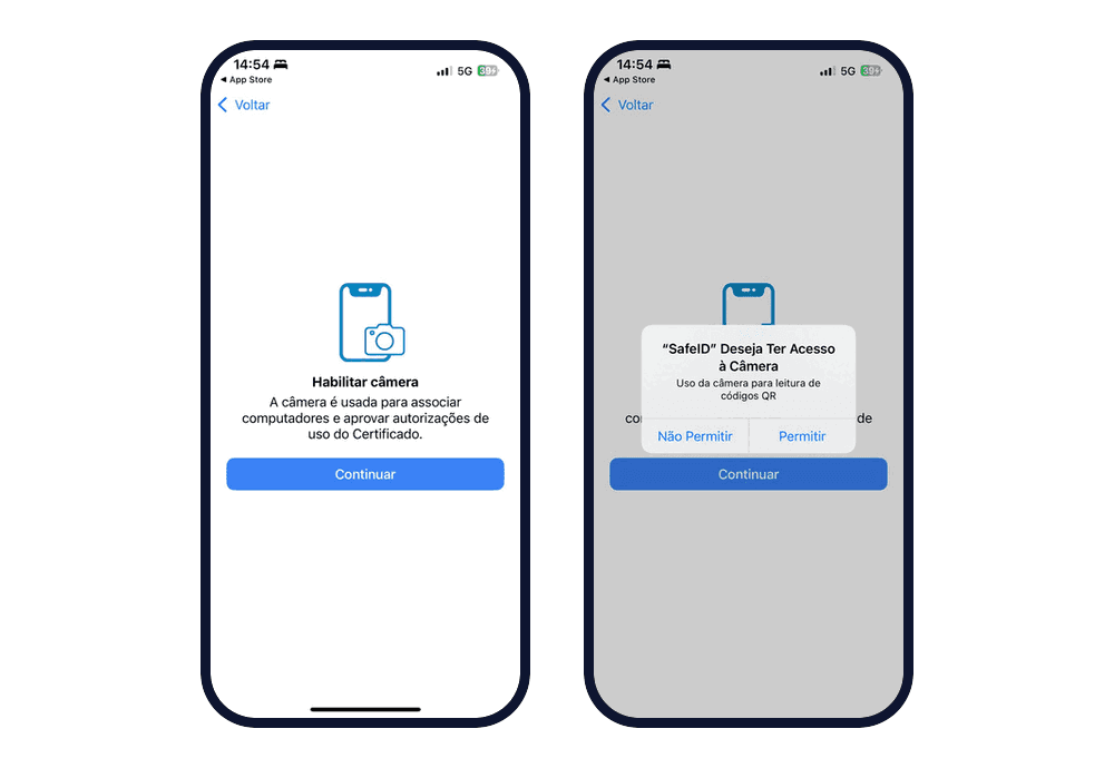 À esquerda, a tela "Habilitar câmera", que explica que a câmera serve para associar computadores e aprovar autorizações de uso do certificado, com o botão Continuar. À direita, o aviso do iPhone "SafeID" Deseja Ter Acesso à Câmera, com as opções Não Permitir e Permitir.
