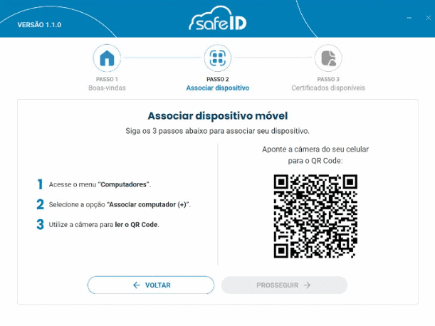 Tela "Associar dispositivo móvel" do SafeID Desktop, no passo 2 de 3, com três instruções à esquerda (acessar o menu Computadores, selecionar a opção Associar computador (+) e usar a câmera para ler o QR Code) e o QR Code à direita.