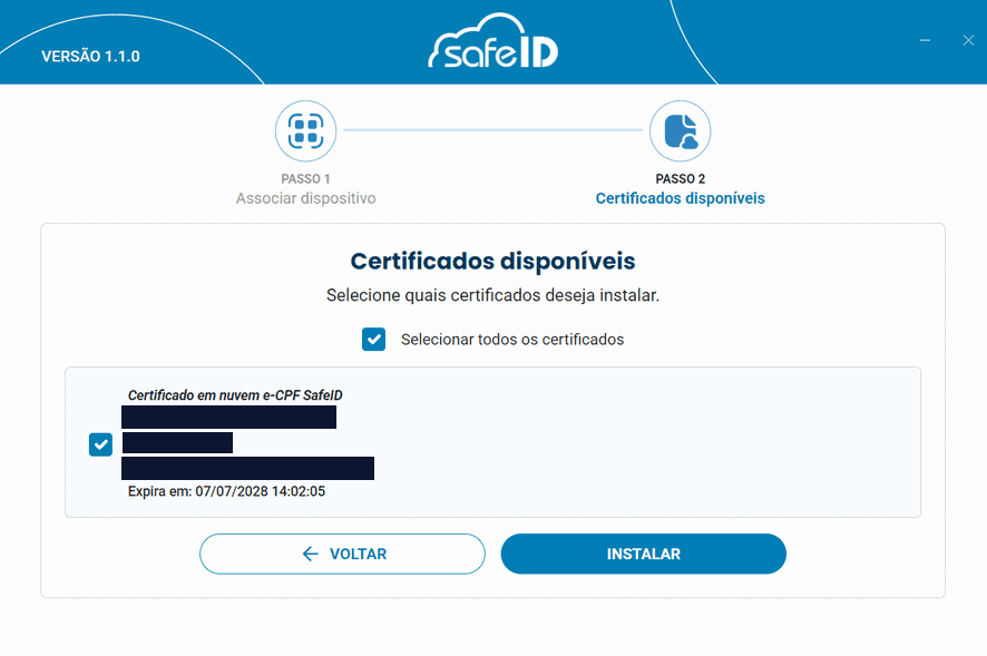 Tela "Certificados disponíveis" do SafeID Desktop, com a opção Selecionar todos os certificados marcada e um certificado em nuvem e-CPF SafeID selecionado (os dados do titular estão tarjados, e a data de validade aparece), além dos botões Voltar e Instalar.