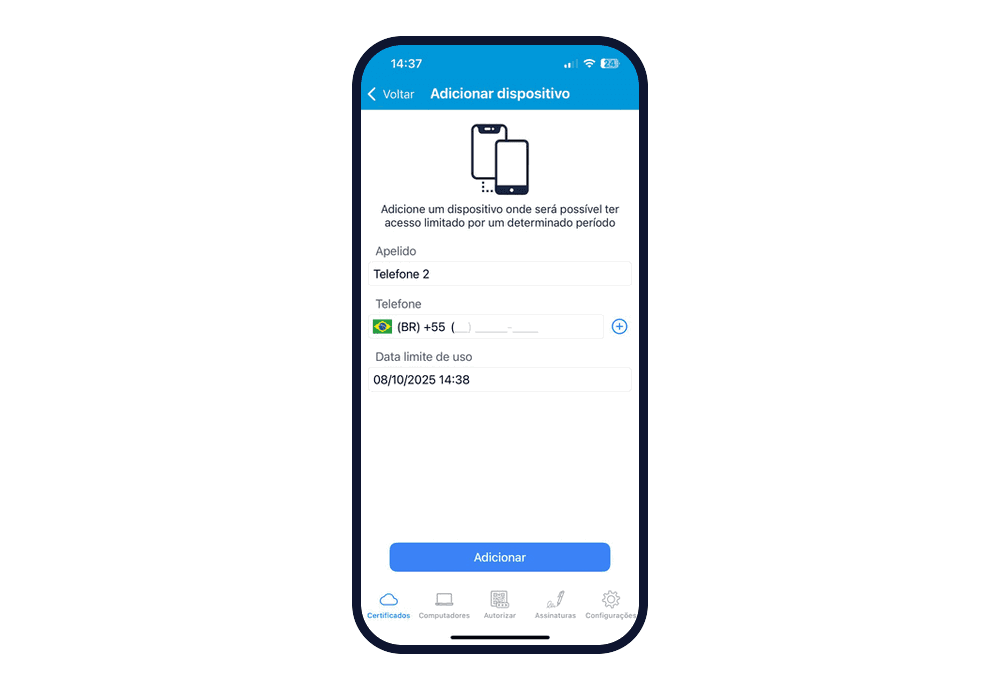 Tela Adicionar dispositivo, que avisa que o dispositivo terá acesso limitado por um determinado período, com os campos Apelido, Telefone e Data limite de uso e o botão Adicionar.