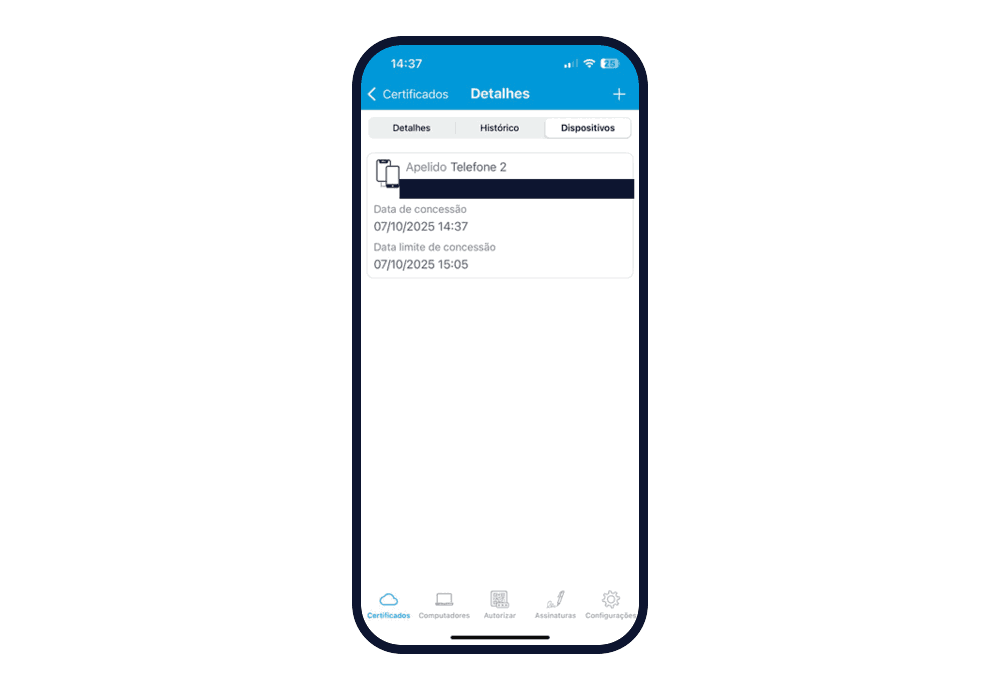 Aba Dispositivos com um dispositivo secundário na lista: apelido Telefone 2, número tarjado, data de concessão e data limite de concessão.