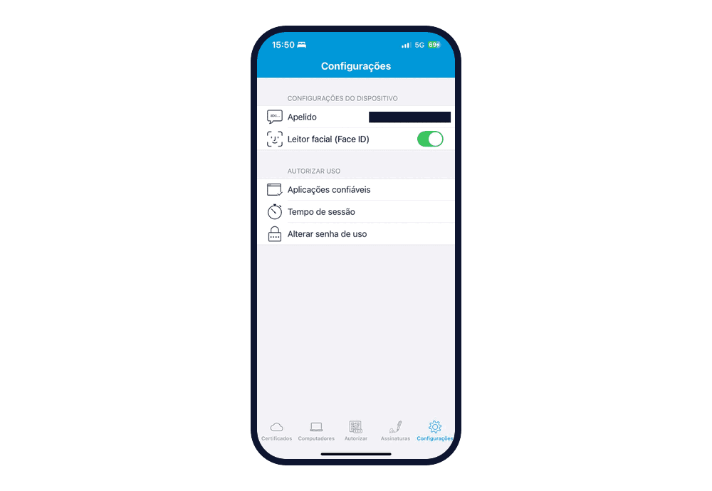 Menu Configurações do aplicativo, com as opções Apelido (o apelido do aparelho está tarjado) e Leitor facial (Face ID) ligado, em "Configurações do dispositivo", e as opções Aplicações confiáveis, Tempo de sessão e Alterar senha de uso, em "Autorizar uso".