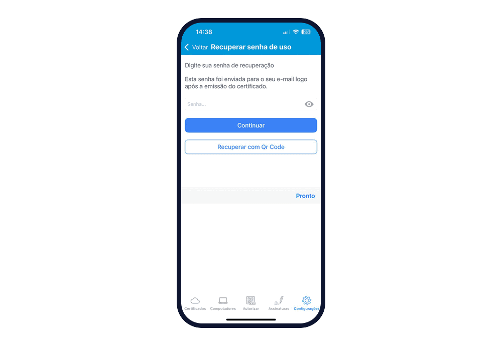 Tela Recuperar senha de uso, com o texto "Digite sua senha de recuperação. Esta senha foi enviada para o seu e-mail logo após a emissão do certificado.", um campo de senha e os botões Continuar e Recuperar com Qr Code.