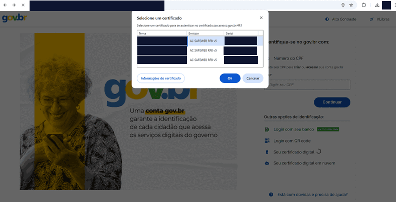 Janela do navegador sobre o portal gov.br, com a caixa "Selecione um certificado" listando três certificados nas colunas Tema, Emissor e Serial (nomes e números tarjados) e os botões Informações do certificado, OK e Cancelar.